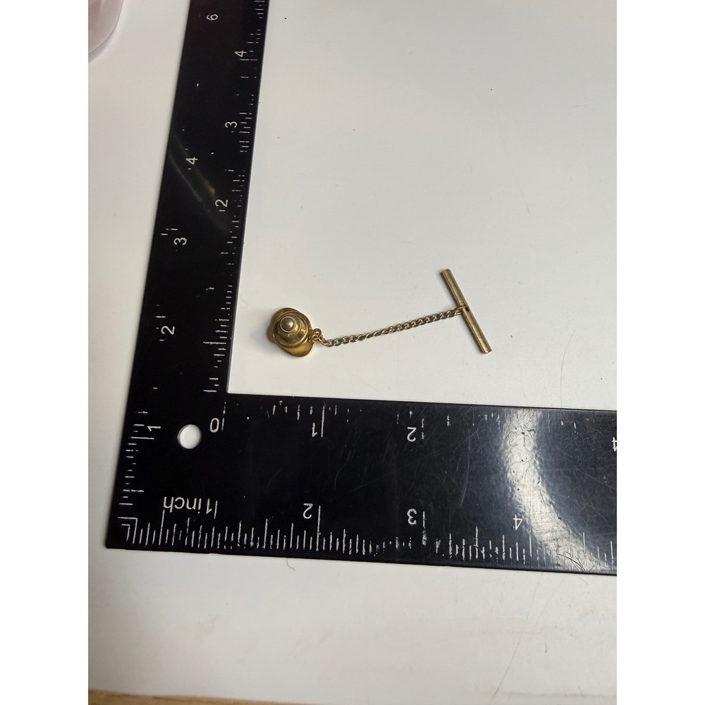 Mens Gold Tone Oval Textured Tie Tack with Chain and T-Bar Stay - Picture 3 of 3